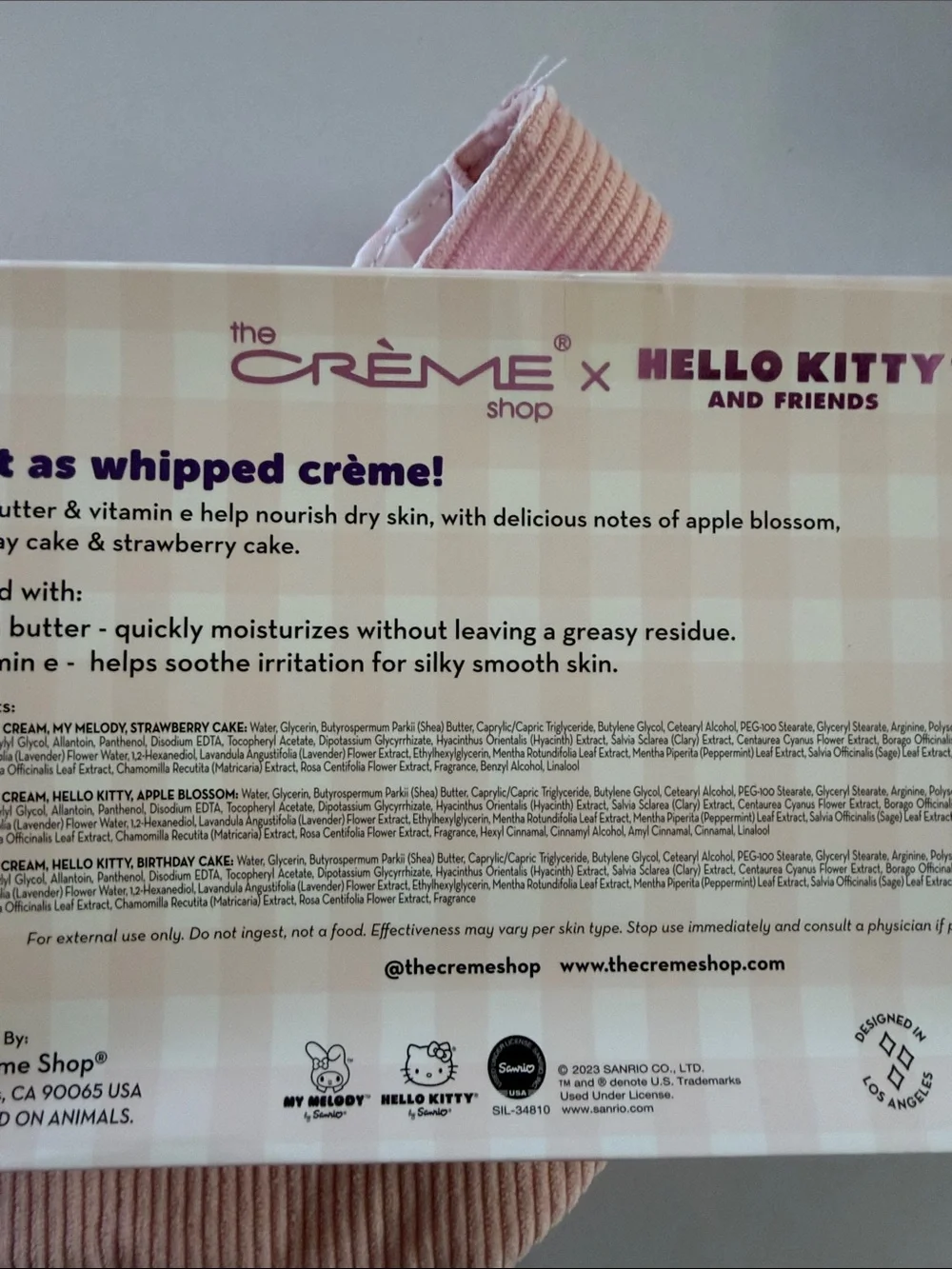 New Hello Kitty Pink Corduroy Kids Tote with Scrunchie and hand crème trio.